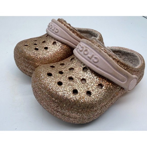 CROCS Other - Crocs Classic Lined Clogs Gold Glitter Pink Cozy Fuzzy Toddler | Girl's Size 6